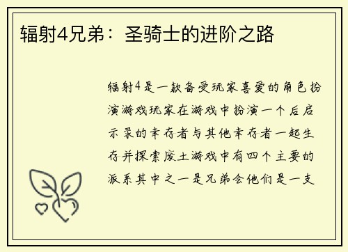 辐射4兄弟：圣骑士的进阶之路